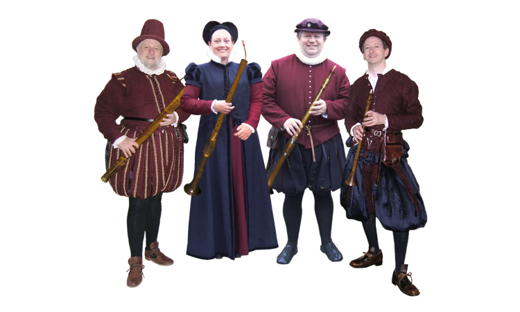 Costumed quartet holding shawms and a curtal