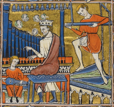 Rutland Psalter illustration of men playing an organ and organistrum. Another man works the bellows with his feet.